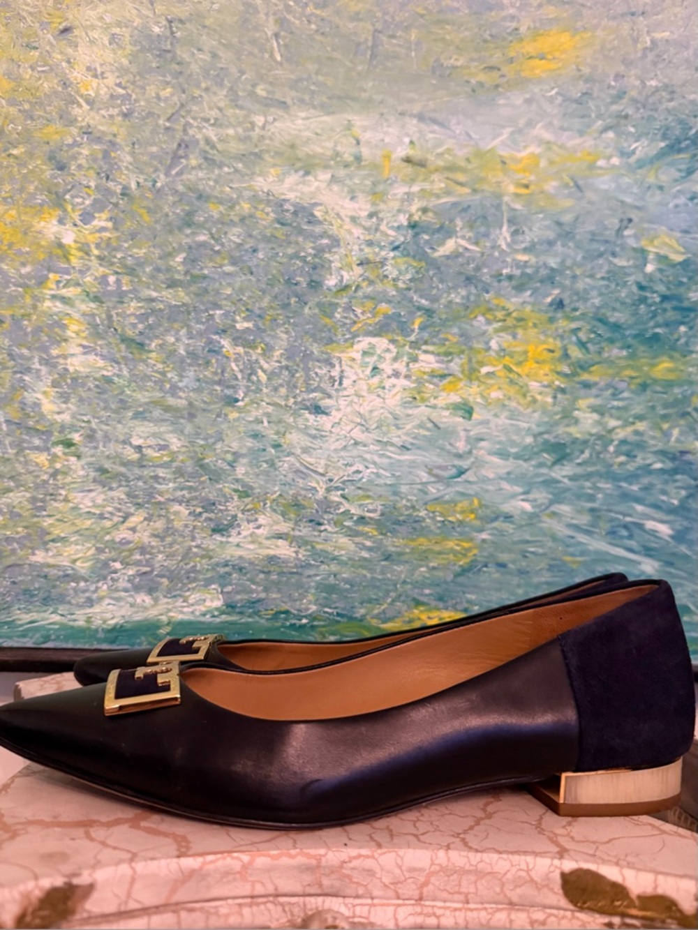 Tory Burch Gigi Black Pointed Toe Flats with Gold Logo - Picture 5 of 9